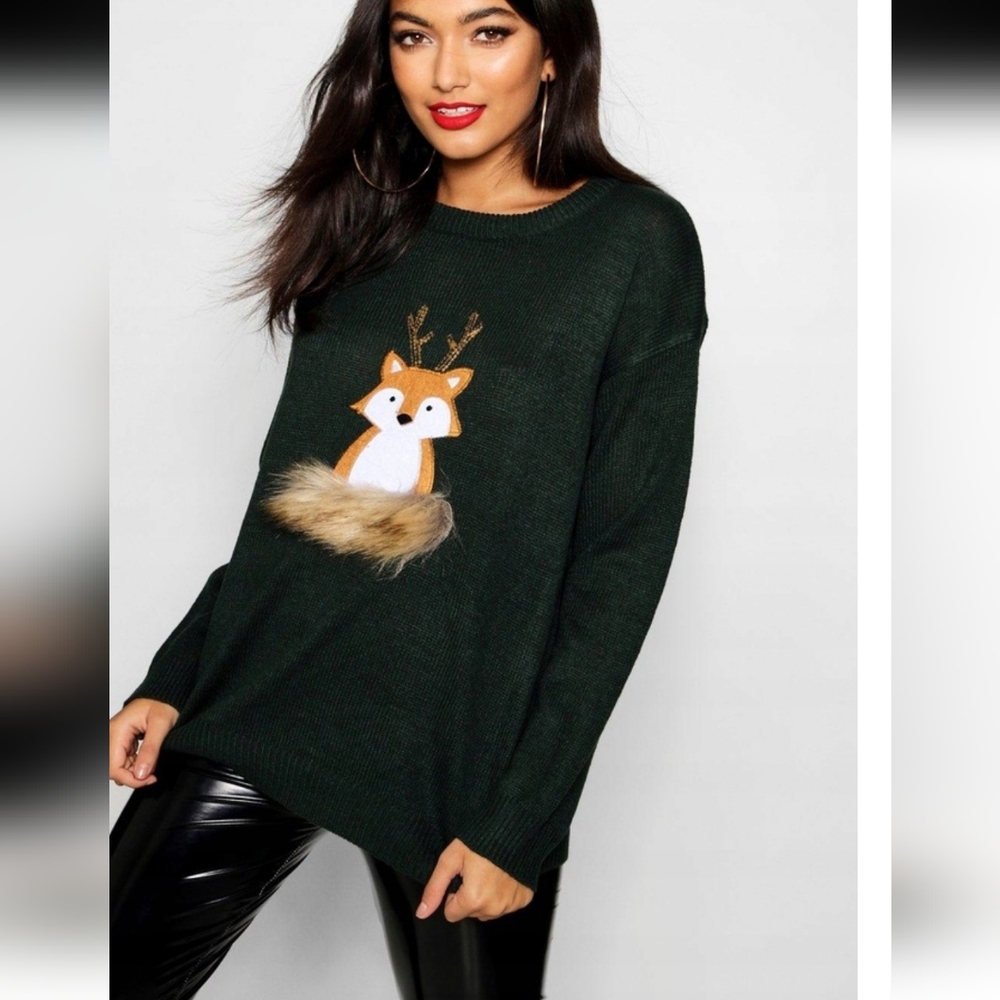 Brave soul forest green FOX APPLIQUE SWEATER WITH FAUX FUR AND SEQUIN, S